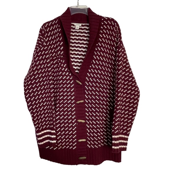 L.L. Bean Sweaters - L.L.Bean Lambswool Cardigan Sweater XL Burgundy Fair Isle Shawl Collar